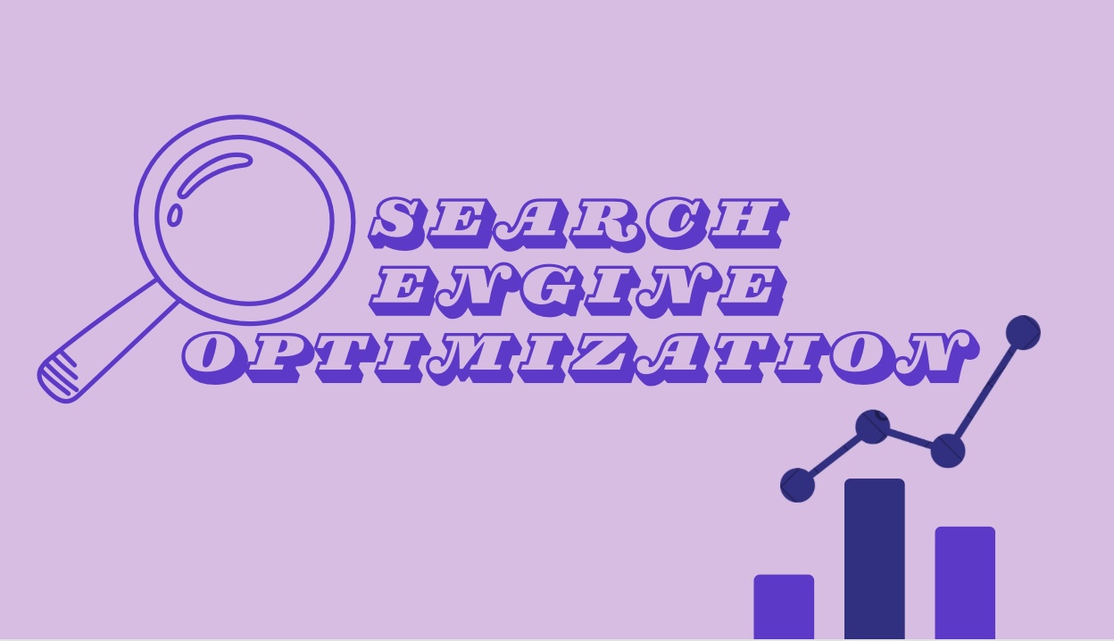 purple image with search engine optimization text in the middle with a magnifying glass on the top left and bar graph on the bottom right