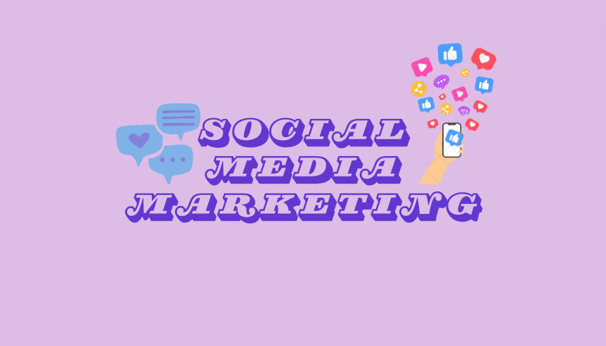 purple imagine with social media marketing text in the middle with text quotes on the right and hand with phone and notifications on the right